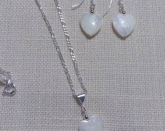 Mother of Pearl Heart Pendant Necklace and Earrings