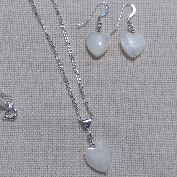Mother of Pearl Heart Pendant Necklace and Earrings