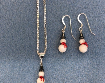 Mother of Pearl Snowmen Earrings and Pendant Necklace
