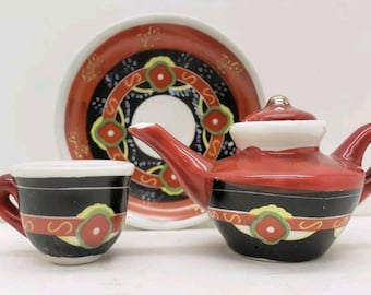 Dollhouse Miniature Teaset Teapot Teacup Saucer Cute Red Sushi Fine China Small Adorable Tea Party Miniatures Decor