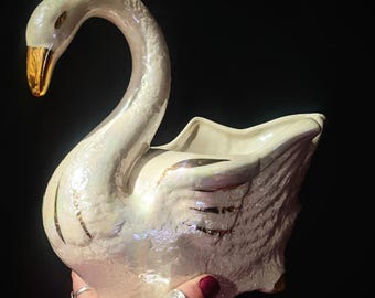 Vintage Mid Century White Ceramic Lusterware Swan Planter with Golden Accents, Iridescent Lusterware Swan Planter, Swan Planter MCM