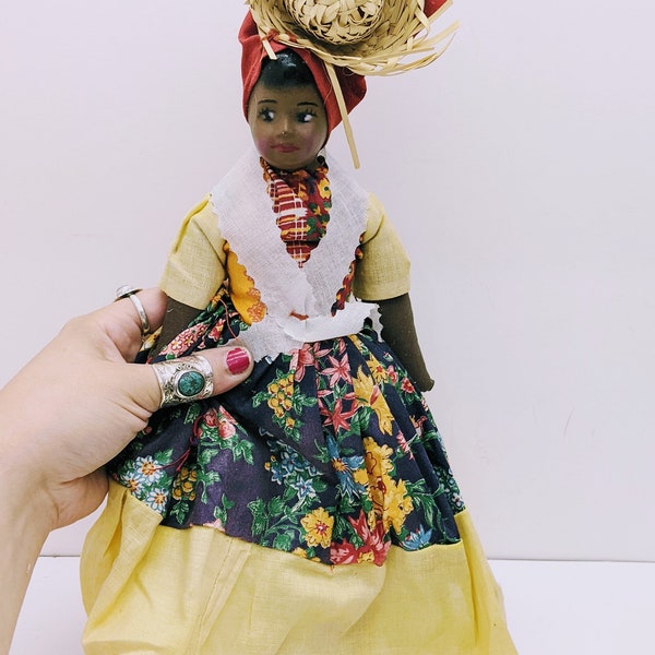 Vtg Rare African/ Jamaican Plastic Barbie Style Doll, Cultural Black Dolls of the World Africa/ Jamaica Doll with Plaid Dress and Headscarf