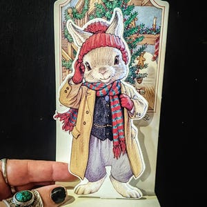 Vtg 1991 Lapin anthropomorphe Kathy Lawrence oeuvre d'art carte de voeux pop-up famille Hopper, carte pop-up de style Peter Rabbit Beatrix Potter,