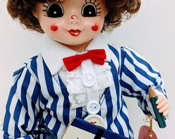 Muñeca payaso con calendario kitsch de regreso a clases, muñeca calendario Brinn vintage, muñecas de los años 80