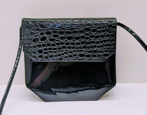 90s Black Patent Leather Snakeskin Crossbody Geom… - image 3