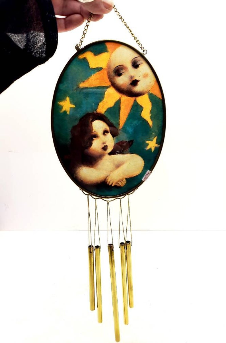 Stained Glass Chime Angel Garden Vintage Viva Vermont Handmade in Mexico Stained Glass Angel Cherub Moon and Stars Suncatcher Windchime