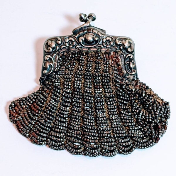 Vtg Antique Victorian Era Silver Beaded Bostonia Chatelaine Coin Purse, Vintage Victorian German Chained /Beaded Coin Purse with Silver Det