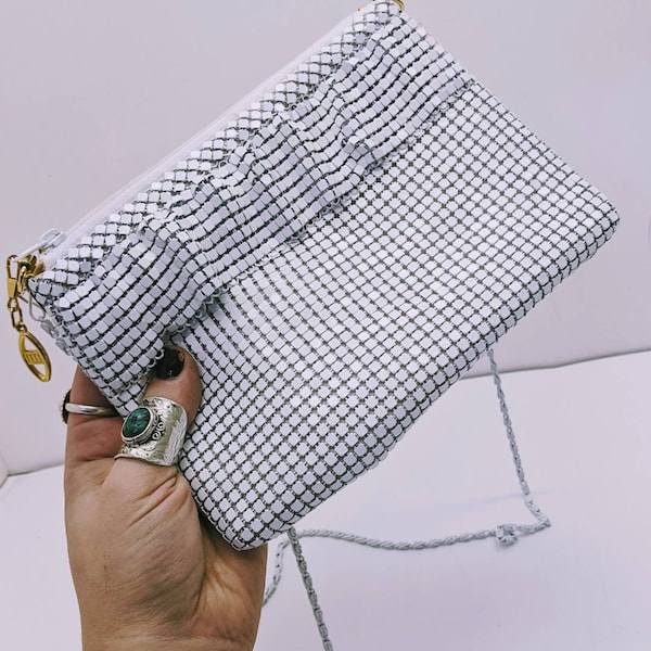 Vtg John Weitz Ruffled White Mesh Cross Body Small Clutch Handbag, Chain Link Metal Mesh White Crossbody Handbag By John Weitz Mesh Bag