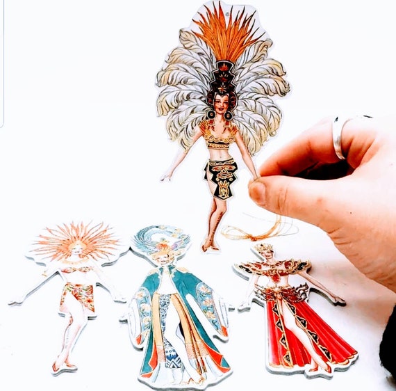 Vintage 1993 Judy M. Johnson's Glamour Girls "Carmen" Paper Doll Style Ornaments 4 Different Showgirl Inspired Fashion Outfits, Paper Dolls