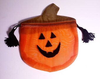 Halloween Pumpkin Draw String Pouch, Jack O Lantern Chiffon
