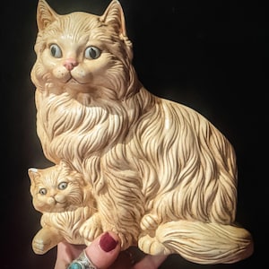 ヴィンテージ 長毛ペルシャ猫と子猫の陶器プランター、ヴィンテージ ママと子猫の陶器猫の花瓶/プランター、ミッドセンチュリー猫の置物