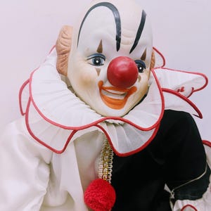 Vtg Dynasty Creepy Porcelain Clown Doll, Bozo the Clown Style Red and Black Costumed Porcelain Clown Doll W Large Porcelain Shoes and Hands
