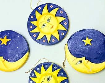 Vtg Handmade in Indonesia Yellow and Blue Sun and Moon Wood Hippy Wall Hanging Celestial Ornament, Hand Painted Celestial Sun Moon Ornament