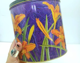 Vintage 1992 Bloomin Cheryl Ann Johnson Tiger Lily and Blue Tin Container LARGE