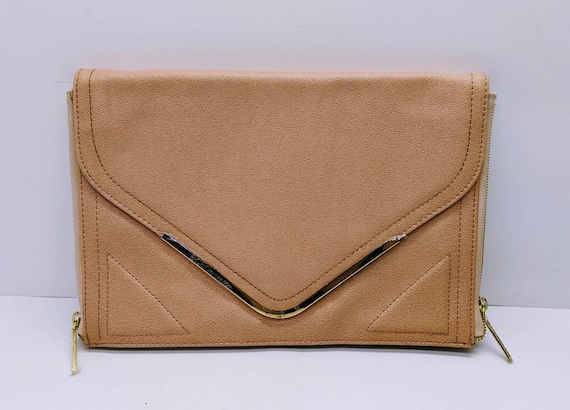 BCBG Peach Rose Gold Vinyl Envelope Clutch Purse With Gold