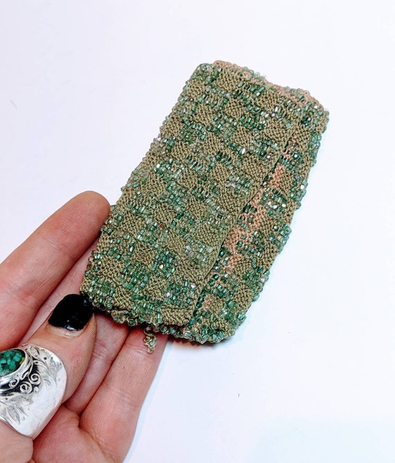 Vtg 1920s Flapper Green Hand Beaded Lipstick Case Pouch, Vintage