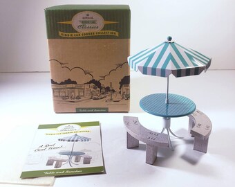 Hallmark Kiddie car classics kiddie car corner collection Miniature table & benches, dollhouse outdoor umbrella table w benches