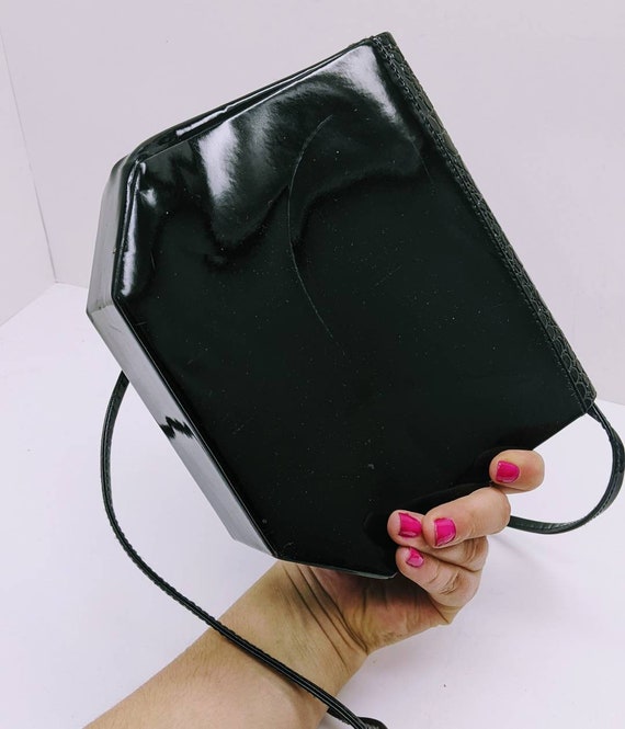 90s Black Patent Leather Snakeskin Crossbody Geom… - image 8