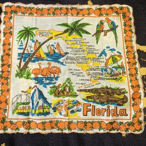 VTG 1950 Souvenir Florida Zakdoek Kleurrijke Staatszakdoek Vintage Mid-Century Travel Sunshine State Map