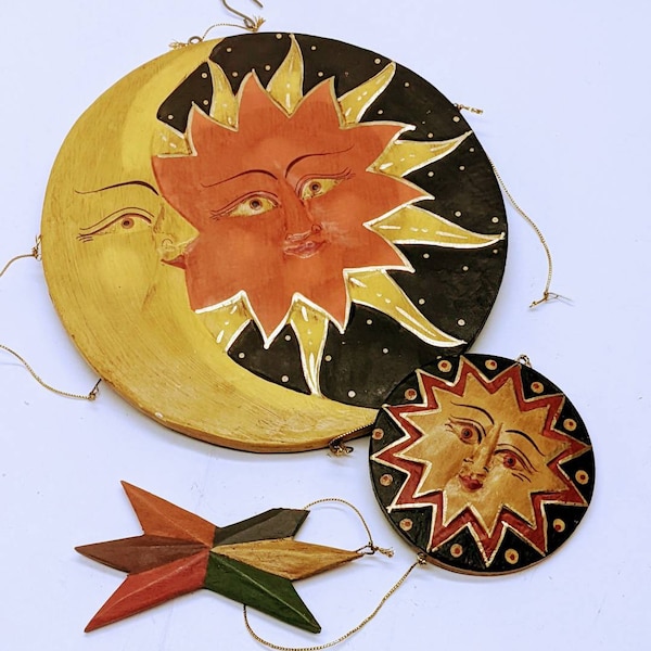Vtg Handmade in Indonesia Hand Painted Sun and Moon Wooden Wall Hanging, Celestial Sun Moon Wood Wall Hanging Witchy Home Decor AS IS condit