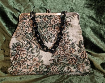 VTG 1960er Jahre Gobelin Tasche mit schwarzem Bakelit Kettengriff Handtasche/Geldbeutel Gobelin Tasche, 1960er Jahre Gobelin Handtasche Double Kiss Lock Cl