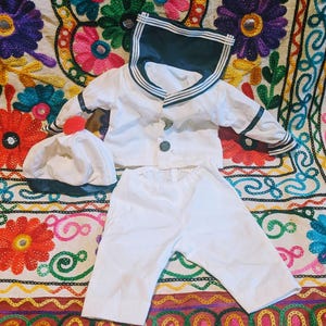 Vintage Sailor Baby Outfit Three Piece Costume for Vintage Baby Doll, Adorable Little Sailor Outfit For Porcelain Baby Dolls, Sailor Hat Out