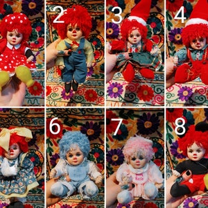VTG Marie Osmond entzückende R hineingezogene Anne und Clown-Art-Puppen kleine Knirpsporzellan-Puppen, Marie Osmond-Stoff- und Clown-Puppen, Sammlerpuppen