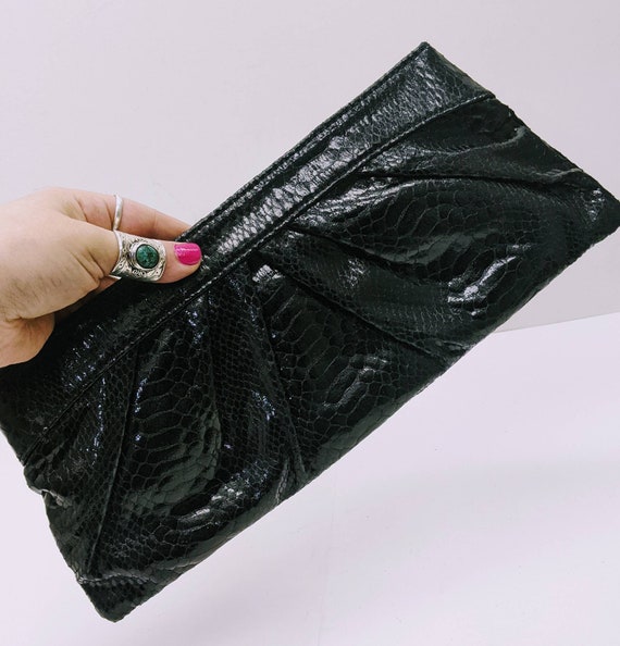 Black Crocodile/ Snakeskin Leather Large Clutch Ha