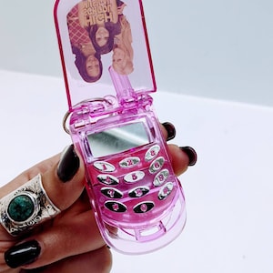 Retro Y2K nostalgie middelbare school musical miniatuur mobiele telefoon lipgloss sleutelhanger, mobiele telefoon lipgloss houder sleutelhanger, middelbare school musical