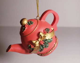 Vtg Poly Resin Teapot Christmas Ornament, Christmas Teapot Tree Ornament, Vintage Red Teapot Ornament, White Holly & Bow Teapot Ornament