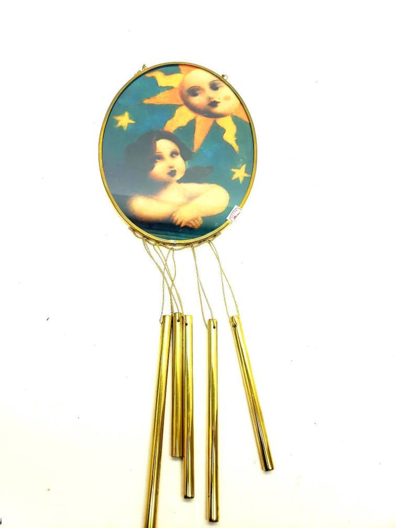 Stained Glass Chime Angel Garden Vintage Viva Vermont Handmade in Mexico Stained Glass Angel Cherub Moon and Stars Suncatcher Windchime