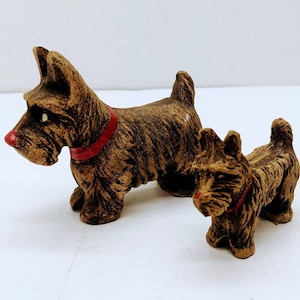Scottish Terrier Miniature Figurines, Vintage MCM Scotties Set of 2 Vintage Stoneware Dog Figurines