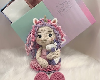 Unicorn Amigurumi Doll For Sale, Gift Box Personalized, Unicorn Doll with her Unicorn Toy . Organic Crochet