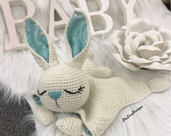 Newborn Baby Gift. Bunny Lovey, Crochet Comforter, Security Blanket, Animal Sleeping Toy, Nursery toy, Baby Gift Box.  Personalized. Organic