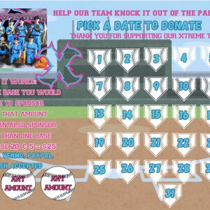Könnte beinhalten: Ein Baseballfeld mit einem Baseball-Diamanten und 31 nummerierten Basen. Der Text "HELP OUR TEAM KNOCK IT OUT OF THE PARK" befindet sich oben im Bild. Der Text "PICK A DATE TO DONATE" befindet sich unter dem ersten Text. Der Text "THANK YOU FOR SUPPORTING OUR XTREME TEAM!" befindet sich unter dem zweiten Text. Der Text "HOW IT WORKS" befindet sich auf der linken Seite des Bildes. Der Text "1. PICK THE BASE YOU WOULD LIKE TO SPONSOR" befindet sich unter dem ersten Text. Der Text "2. PAY THAT AMOUNT" befindet sich unter dem zweiten Text. Der Text "3. YOU CAN ALSO SPONSOR MORE THAN ONE BASE" befindet sich unter dem dritten Text. Der Text "EX. PICK BASE 20 € 5 = 25 €" befindet sich unter dem vierten Text. Der Text "CASHAPP, VENMO, PAYPAL, OR CASH ACCEPTED" befindet sich unter dem fünften Text. Der Text "ANY AMOUNT" befindet sich unter jedem der drei Baseballs auf der linken Seite des Bildes.