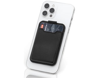May include: A white iPhone with a black leather card holder attached to the back. The card holder has a credit card inside.