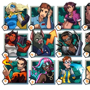 Könnte beinhalten: Eine Sammlung von zwölf stilisierten Charakterporträts, jeweils in einem quadratischen Rahmen mit einem einzigartigen Design. Die Charaktere umfassen eine Superheldin, eine Person mit Headset und eine Person mit fledermausartiger Maske. Die Farbpalette ist lebendig, mit kräftigen Umrissen und dynamischen Posen.
