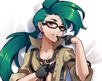 May include: Two anime-style body pillow covers. One features a character in a tan shirt, black pants, and brown boots. The other shows a character in a black crop top and shorts. Both have green hair and are on a white background.