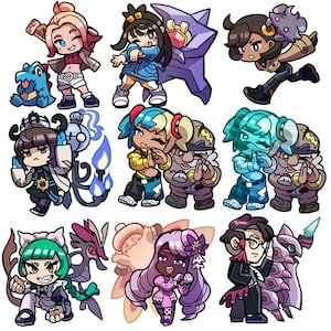 Peut inclure: Ensemble d'autocollants de personnages de dessins animés colorés. Chaque autocollant présente un design de personnage unique avec des couleurs vives et des illustrations détaillées. Les personnages sont dans diverses poses, certains avec des créatures. Idéal pour décorer ordinateurs portables, bouteilles d'eau ou cahiers.