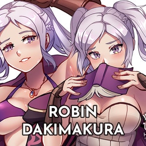 Puede incluir: Una ilustración digital de un personaje de anime de pelo morado con un libro en la mano. El personaje lleva un atuendo morado y blanco. El texto "ROBIN DAKIMAKURA" está escrito debajo del personaje.