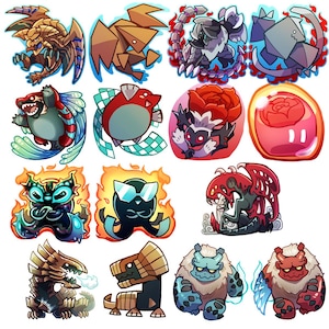 Può includere: Un set di 16 adesivi digitali colorati con varie creature dei cartoni animati, tra cui una creatura a scacchi rossi e bianchi, una creatura nera e blu con fiamme e una creatura rossa e nera con ali.