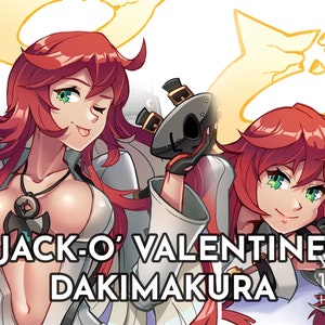 Peut inclure: Un personnage d'anime aux cheveux roux et aux yeux verts portant une tenue blanche. Elle tient un masque noir dans sa main droite. Le texte "JACK-O' VALENTINE DAKIMAKURA" est écrit en lettres blanches sur fond noir.