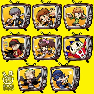 May include: Nine colourful television screens with cartoon characters from different video games. The characters are in various poses and expressions. The screens are all set against a yellow background. The text "HAKU ラーメン" is at the bottom of the image.