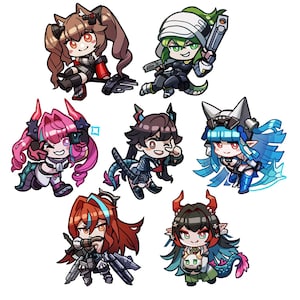 May include: A collection of seven chibi-style anime characters, each with unique hairstyles, outfits, and accessories. The characters feature a variety of colors, including pink, blue, green, and red. Some characters are holding weapons, and all have a cute, stylized appearance.