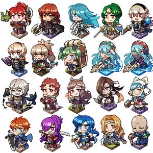 Könnte beinhalten: Eine Sammlung von zwanzig Chibi-Figuren, die in einem Raster angeordnet sind. Jede Figur steht auf einem kleinen quadratischen Sockel und zeichnet sich durch individuelle Kleidung, Haarfarben und Accessoires wie Schwerter, Äxte und Bücher aus.