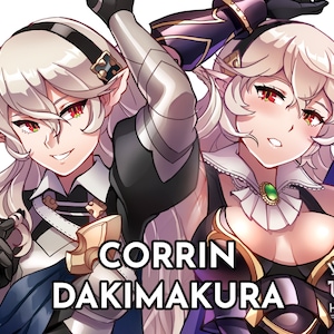 May include: A digital illustration of a female character with long white hair, wearing a black and purple outfit with gold accents. The character has red eyes and is holding a sword. The text "Corrin Dakimakura" is written in black and white letters below the character.