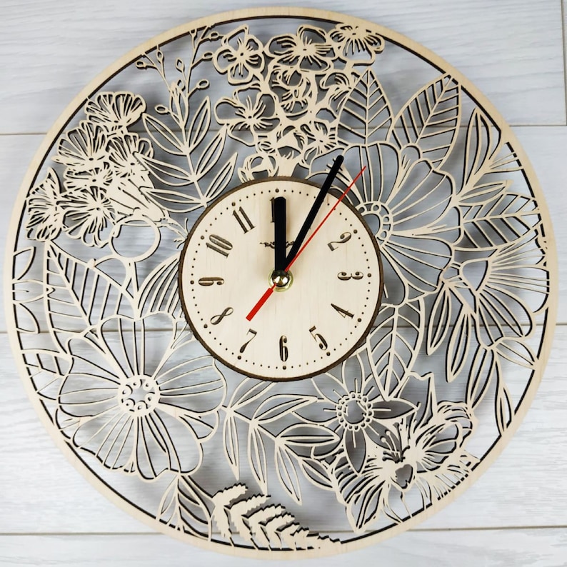 FLOWERS Wood Wall Clock Flower Home Kitchen Living Room Wall | Etsy