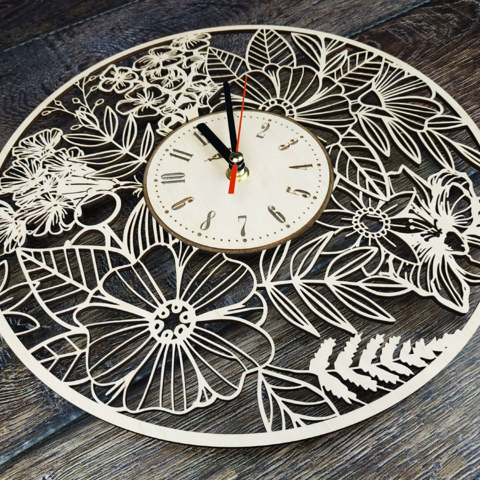 FLOWERS Wood Wall Clock Flower Home Kitchen Living Room Wall Etsy