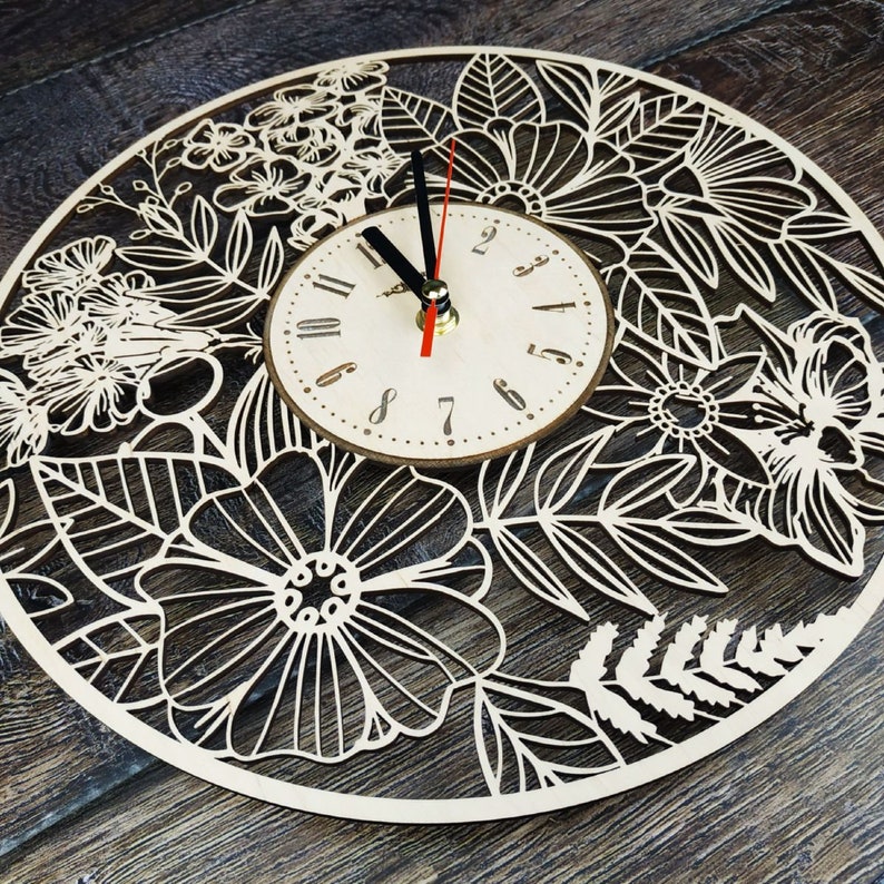 FLOWERS Wood Wall Clock Flower Home Kitchen Living Room Wall | Etsy