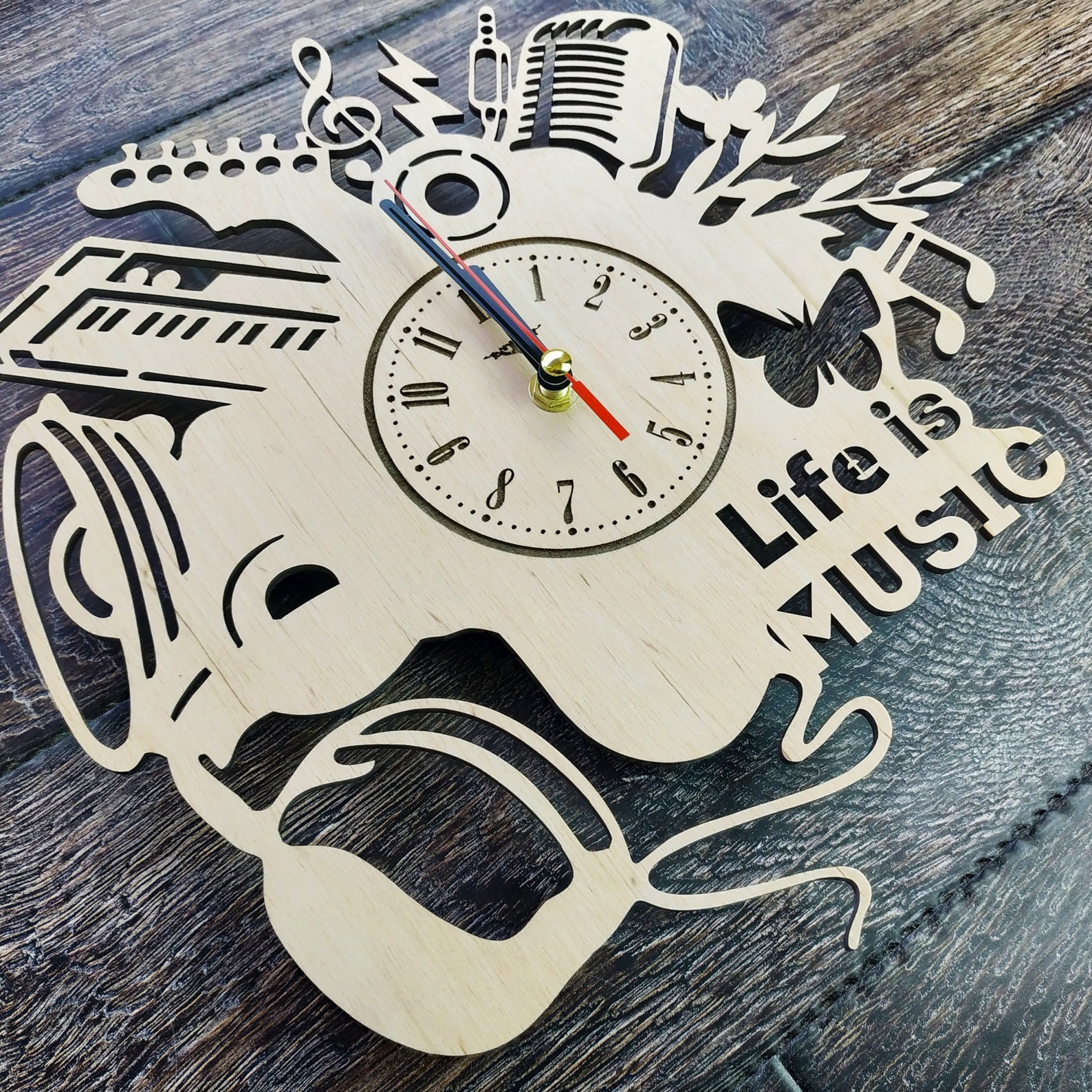 MUSIC Wood Wall Clock Music Home Kitchen Bedroom Wall Decor Etsy